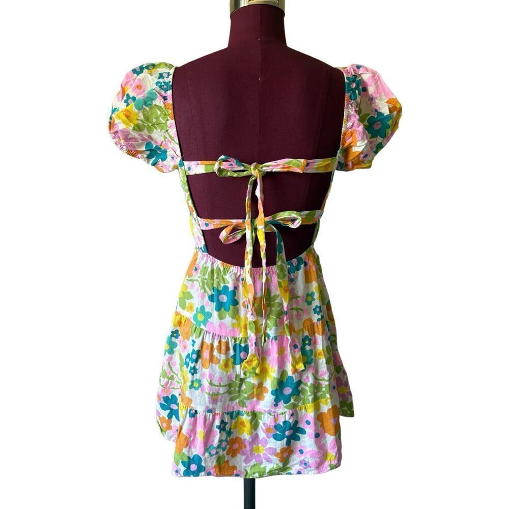 Show Me Your Mumu Cathy Linen Floral Mini Dress Size Small Short Sleeve Open Bac - Picture 6 of 12